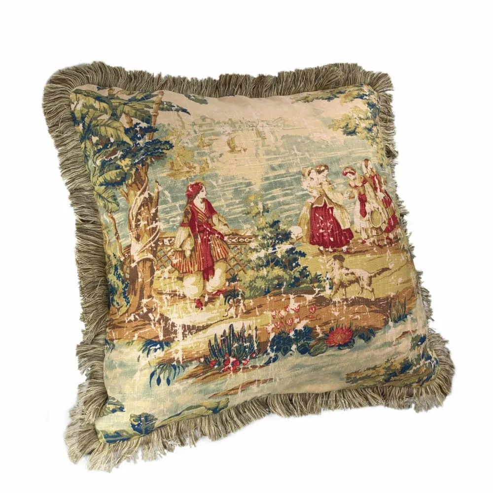 Bosporus Antique Red Old World Scenic Landscape Toile Pillow Cover with Brush Fringe Trim