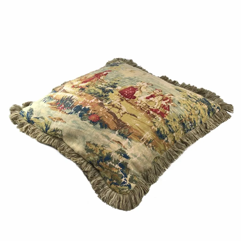 Bosporus Antique Red Old World Scenic Landscape Toile Pillow Cover with Brush Fringe Trim