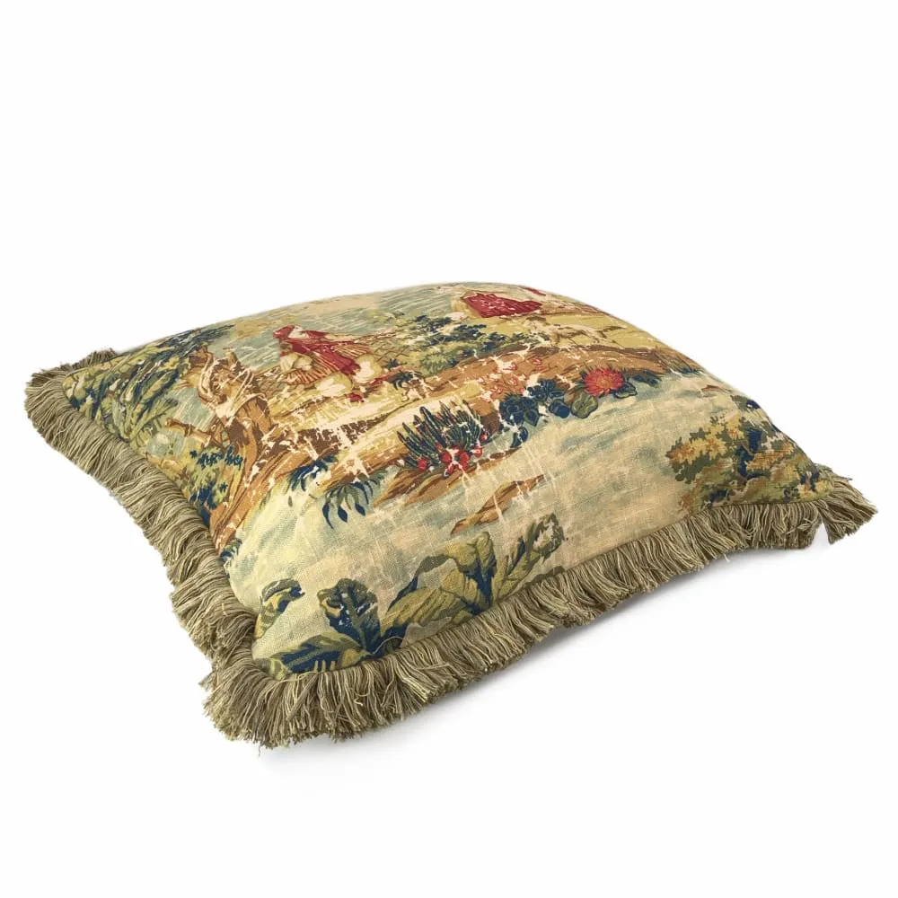 Bosporus Antique Red Old World Scenic Landscape Toile Pillow Cover with Brush Fringe Trim