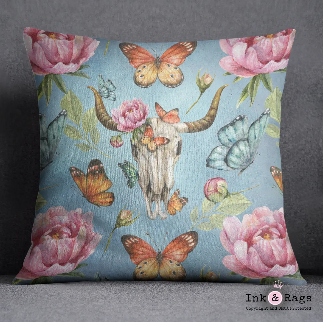 Bull Skull Peony Butterfly Throw Pillow