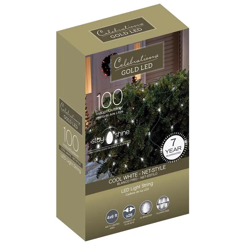 Celebrations Gold LED Mini Cool White 100 ct Net Christmas Lights 6 ft.