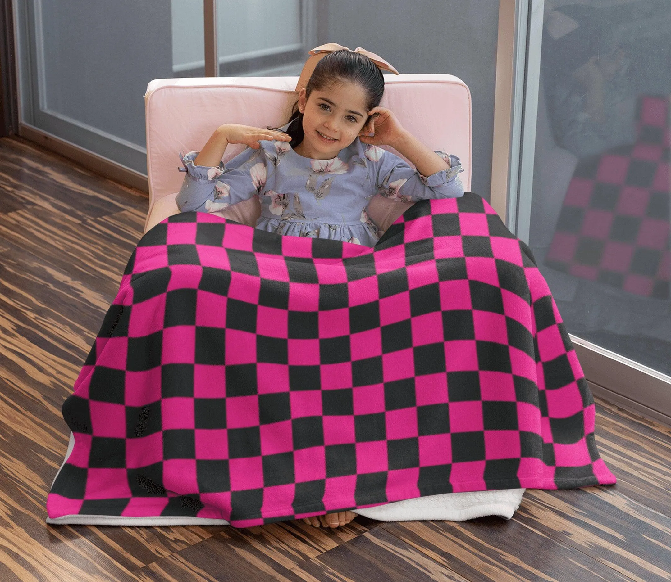 Chess Board Inspired Check Pattern Hot Pink Soft Fluffy Velvet Flannel Fleece Throw Blanket