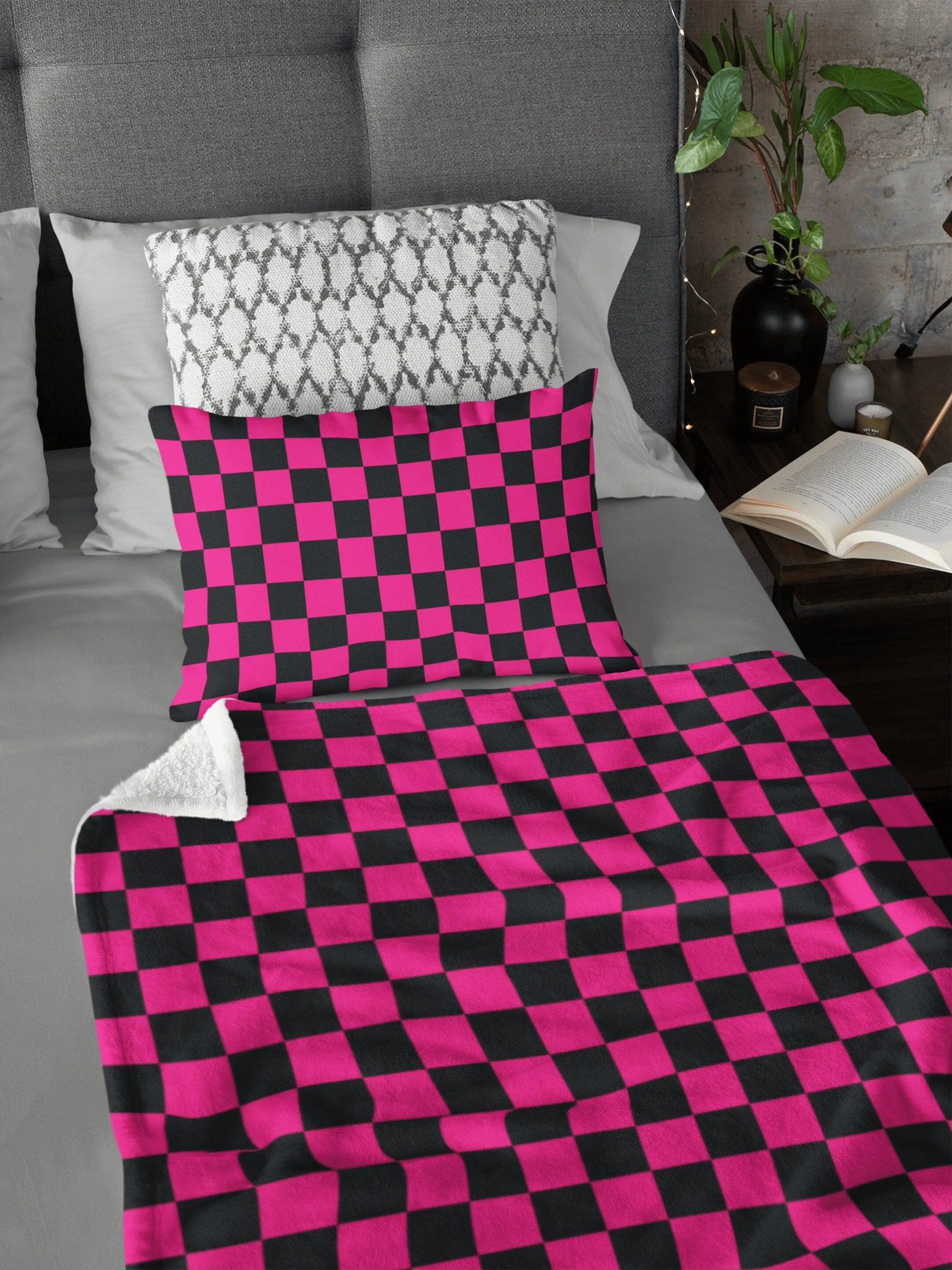 Chess Board Inspired Check Pattern Hot Pink Soft Fluffy Velvet Flannel Fleece Throw Blanket