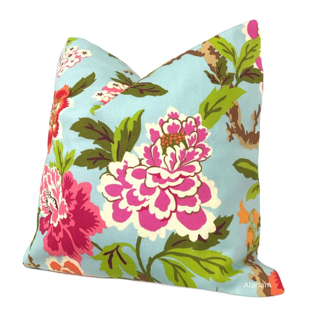 Chloe III Blue Orange Pink Green Floral Birds Print Pillow Cover