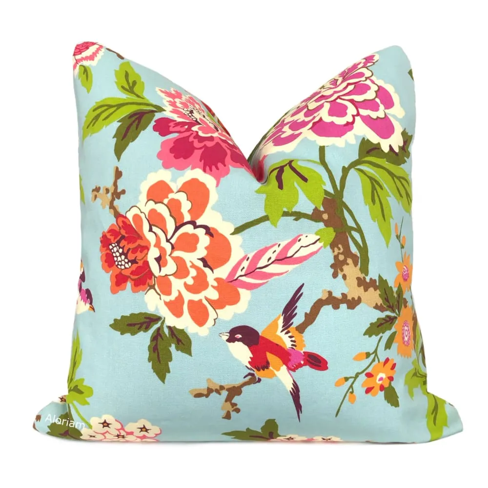 Chloe III Blue Orange Pink Green Floral Birds Print Pillow Cover