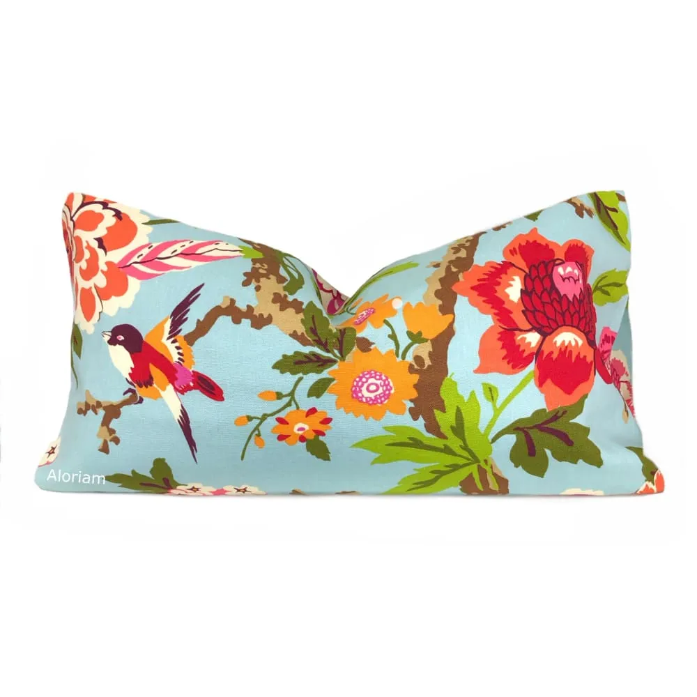 Chloe III Blue Orange Pink Green Floral Birds Print Pillow Cover