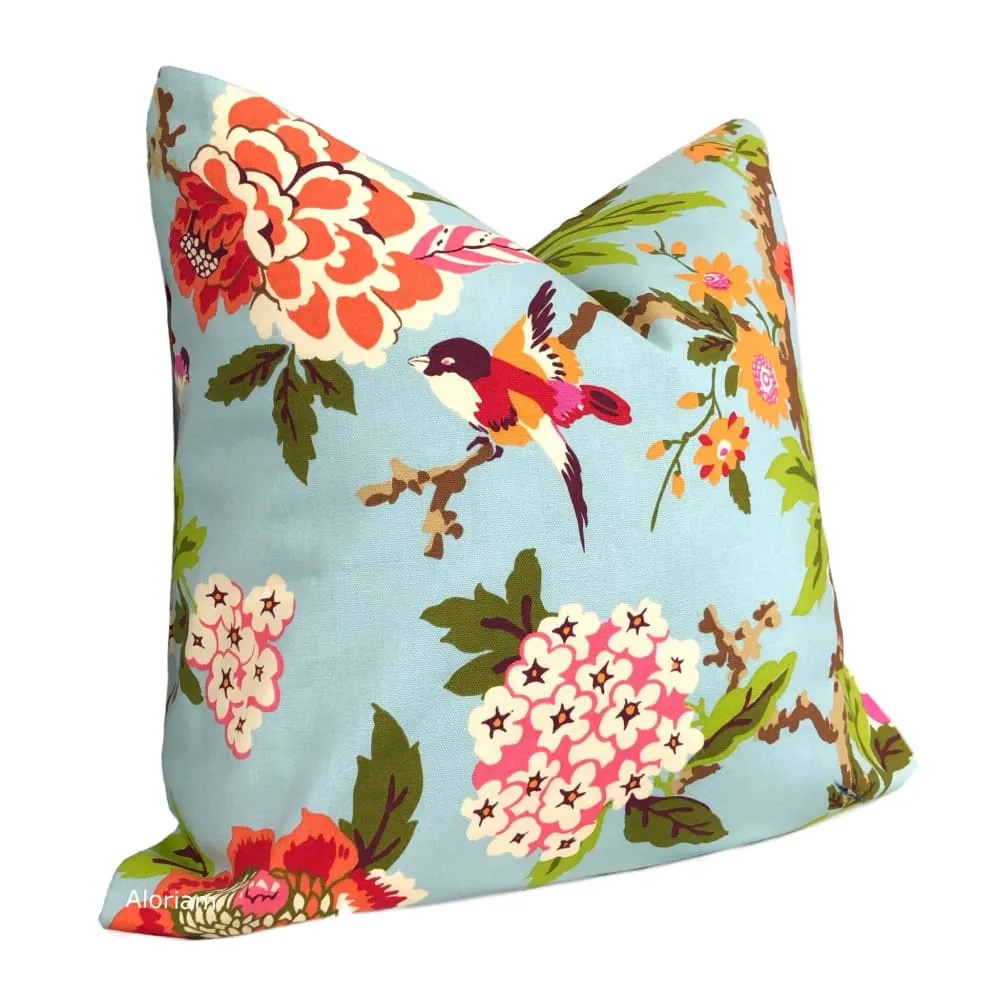 Chloe III Blue Orange Pink Green Floral Birds Print Pillow Cover