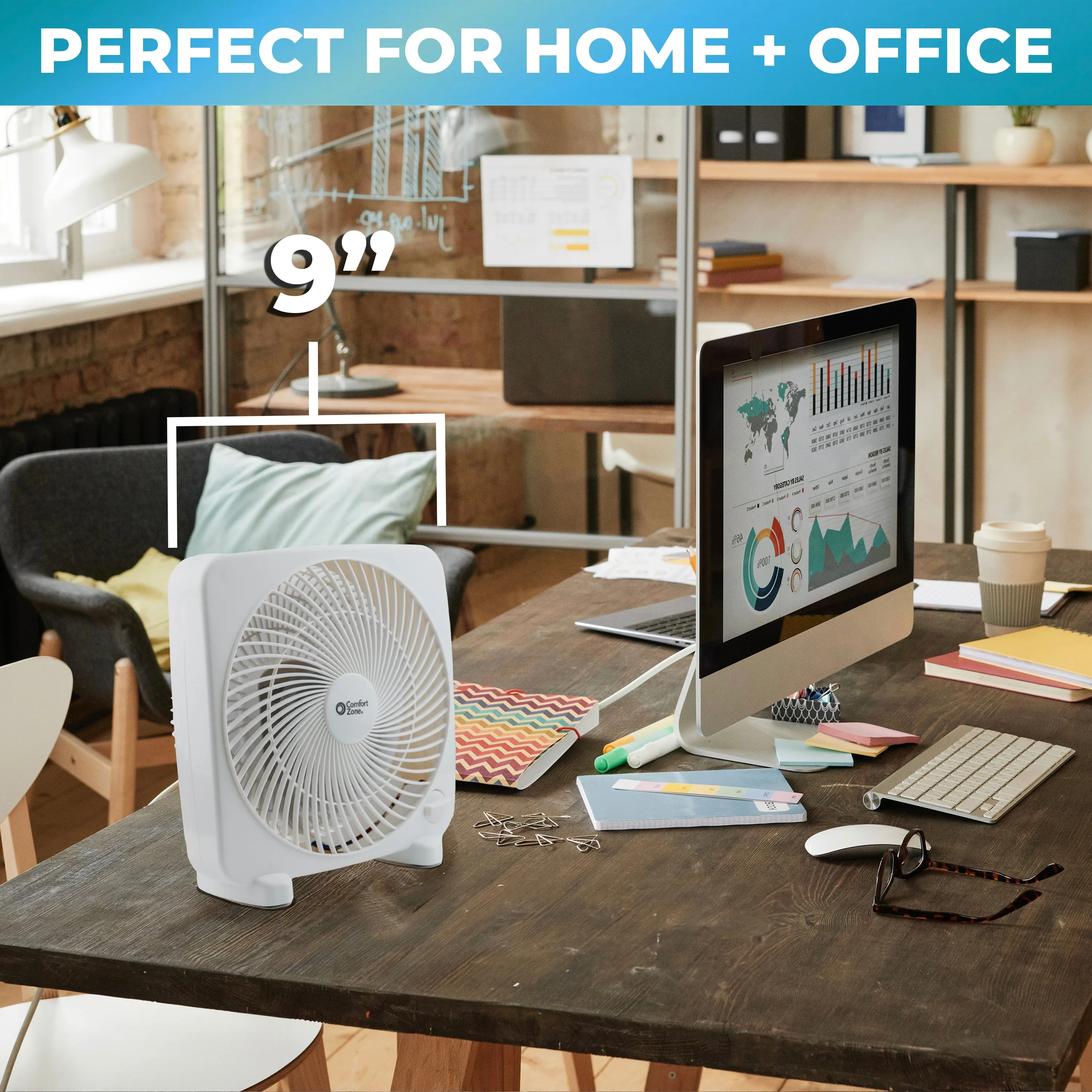 Comfort Zone 9" 2-Speed Portable Box Fan in White & Black