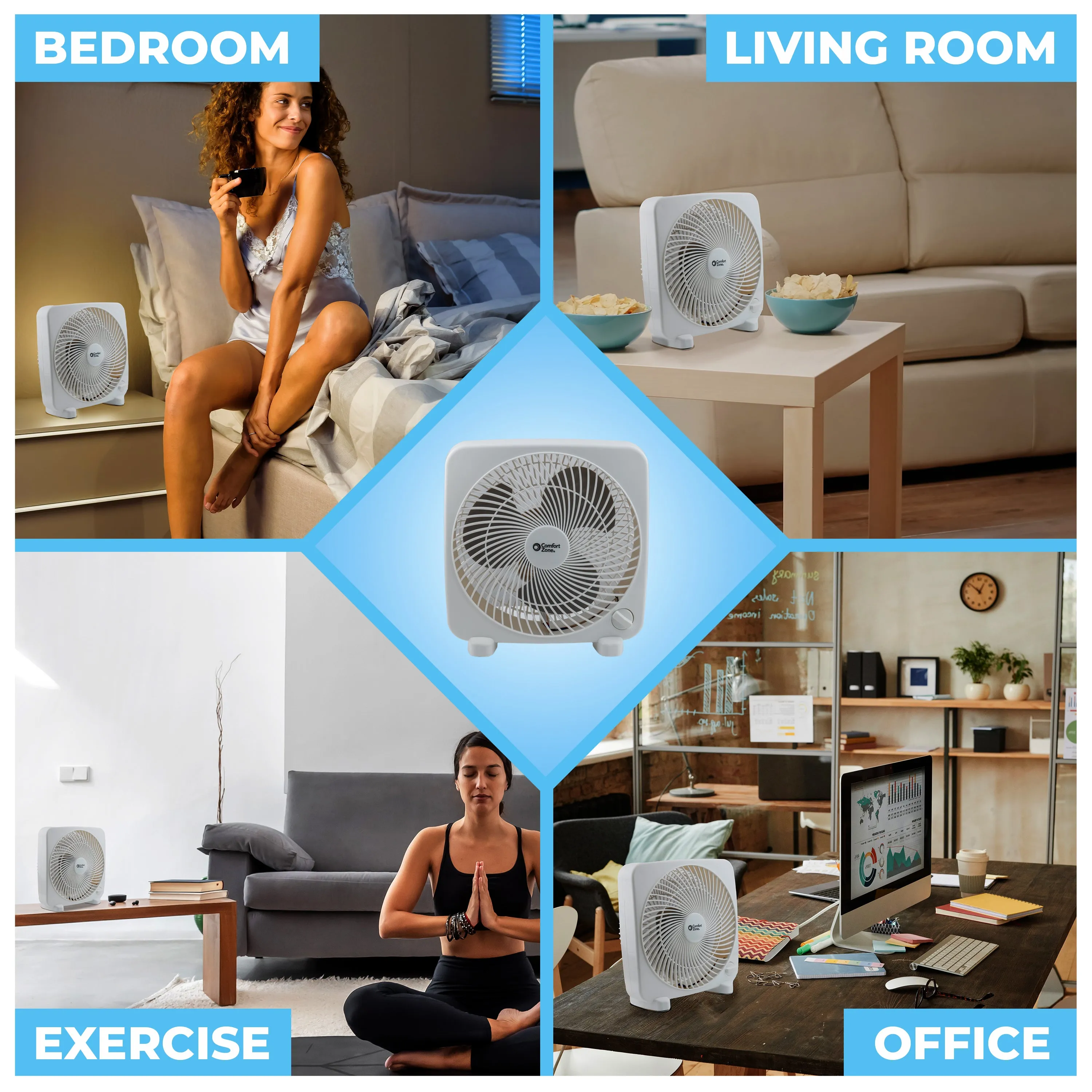 Comfort Zone 9" 2-Speed Portable Box Fan in White & Black