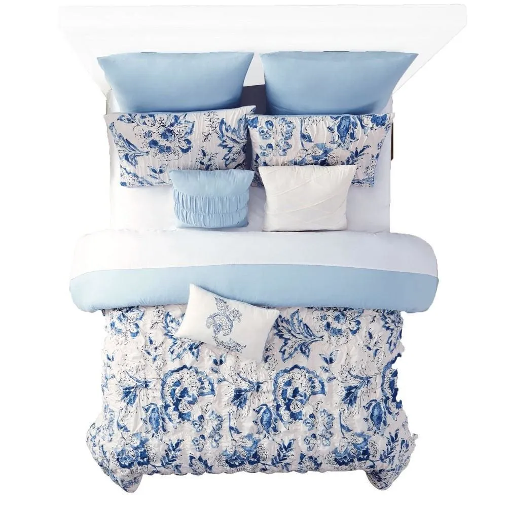 Corfu Floral Print 8 Piece King Comforter Set The Urban Port, White and Blue By Casagear Home