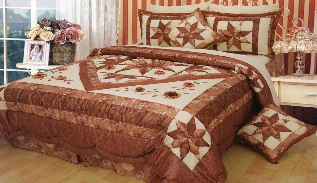 DaDa Bedding Diamond of Night Brown Beige Floral Stars Ruffles Comforter Set (BM915L)