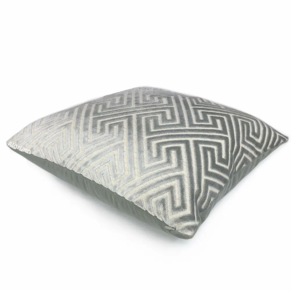 Delphi Cloud Gray Greek Key Cut Velvet Pillow Cover