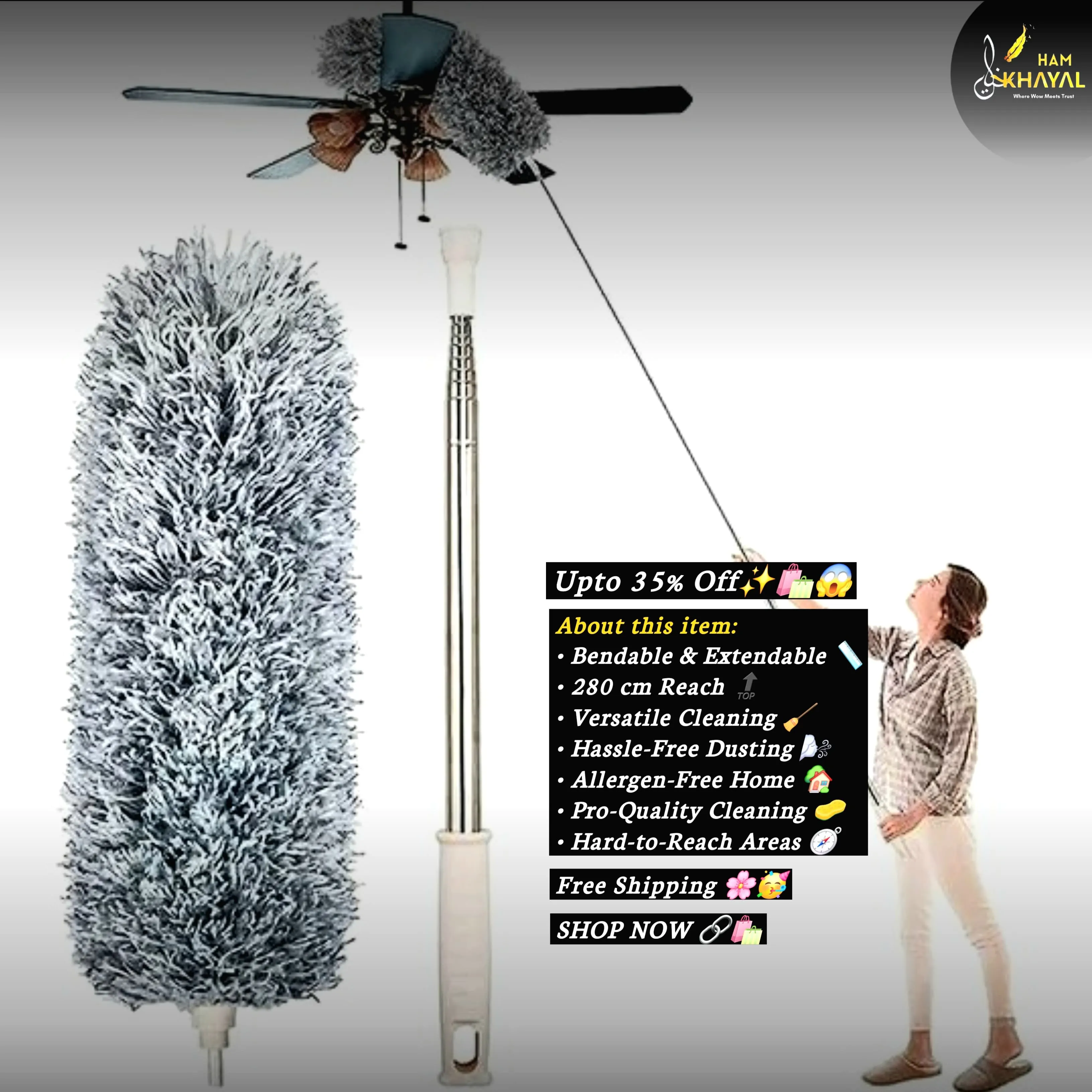 DusterPro 8ft Extendable Feather Duster  Perfect for AC, Ceiling Fan, Wall, and Roof Cleaning! 🌟