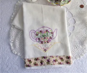 Embroidered Teapot Tea Towel Hand Made Silver Cloth Dish Towel USA  Artisan