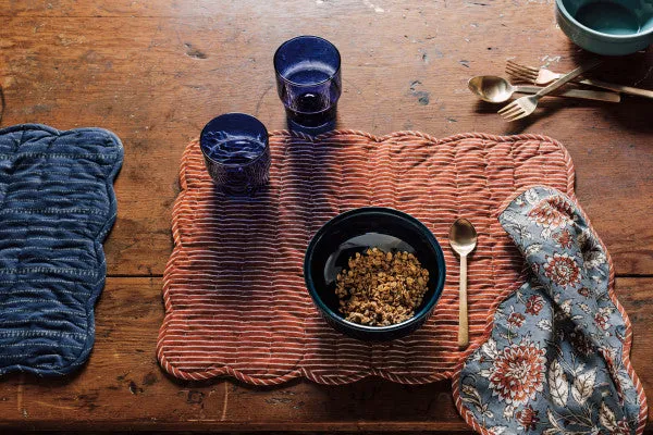 Fan Flower Block Print & Quilted Kantha Placemat (Reversible)