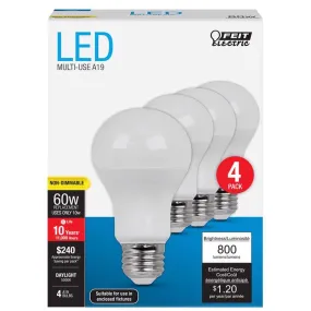 Feit LED A19 E26 (Medium) LED Bulb Daylight 60 Watt Equivalence 4 pk