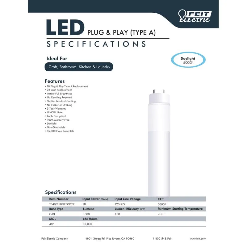 Feit Plug & Play T8 Daylight 47.7 in. Bi-Pin Linear LED Bulb 32 Watt Equivalence 2 pk