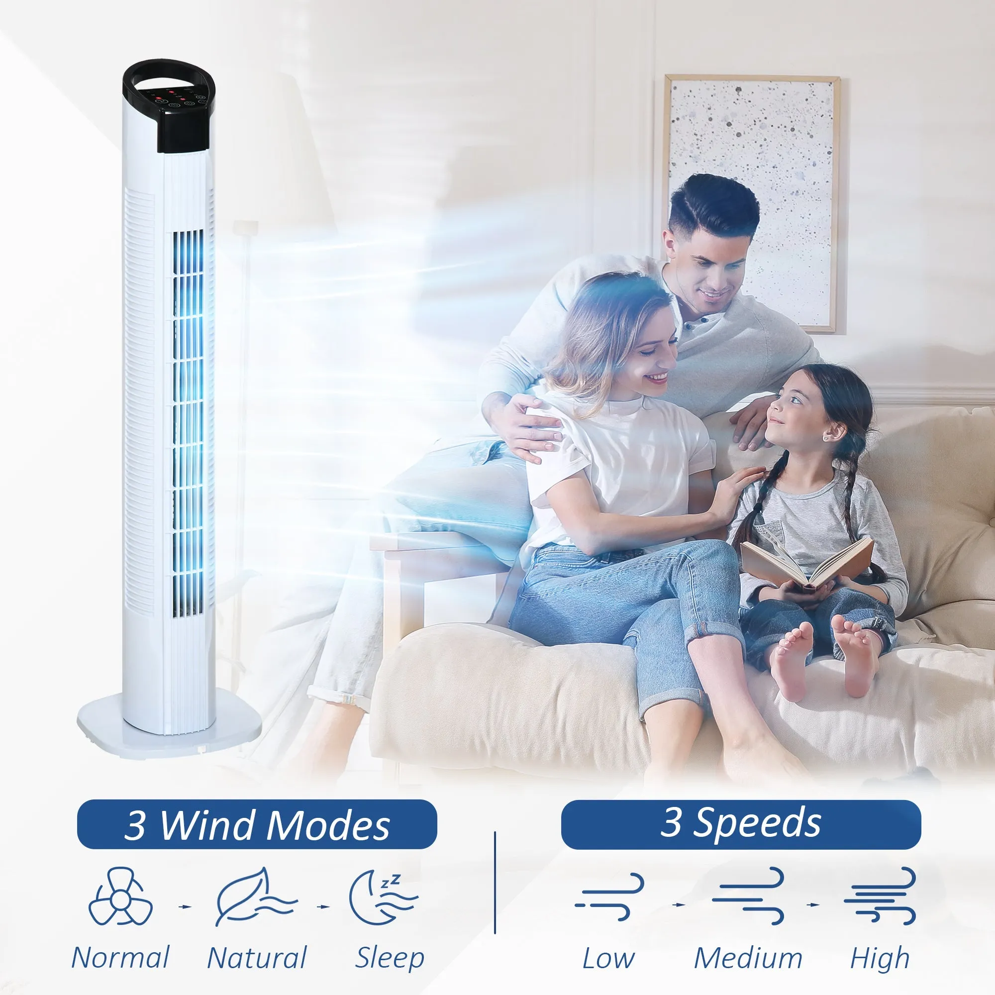 Freestanding Tower Fan, 3 Speed 3 Mode, 7.5h Timer, 70 Degree Oscillation, LED Panel, 5M Remote Controller, Black and White