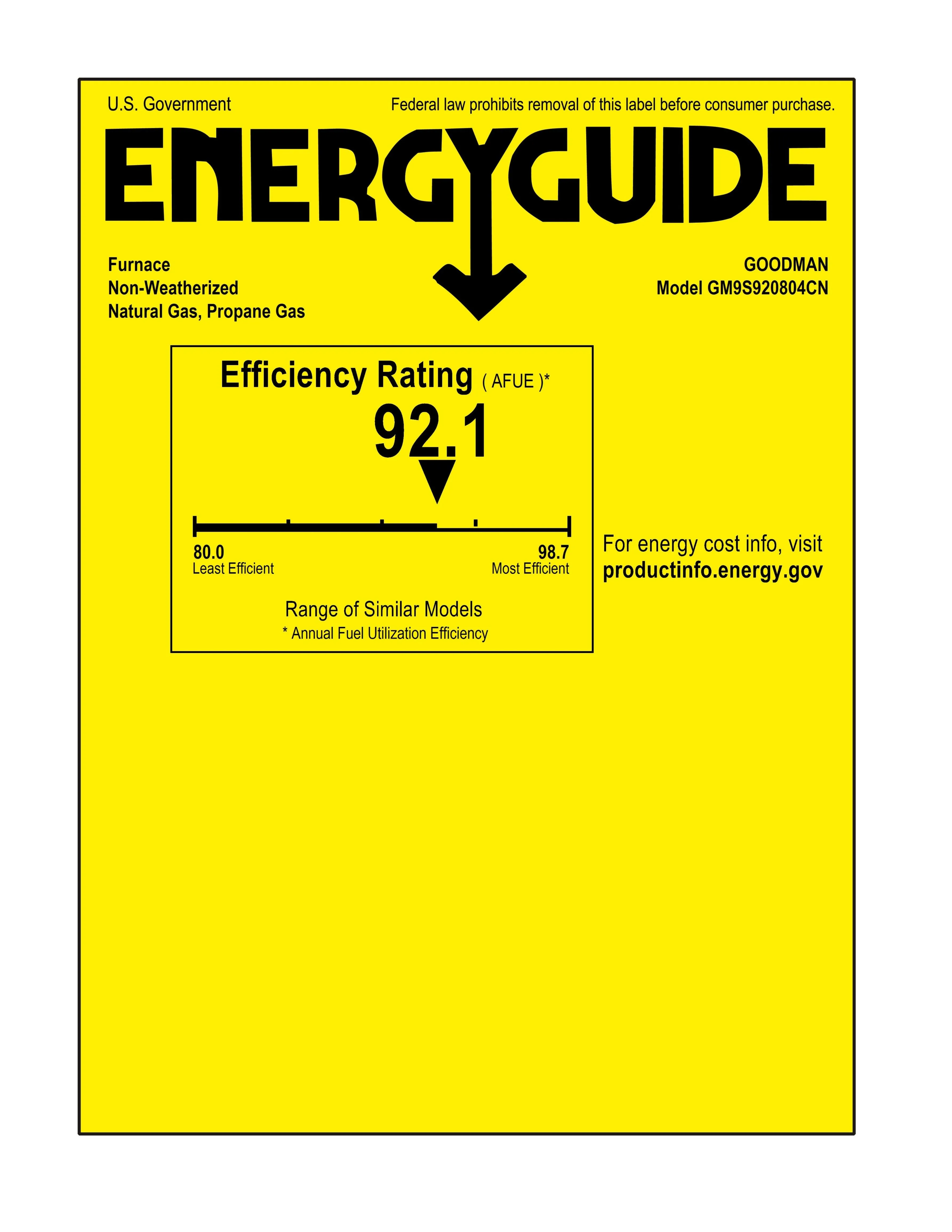 Goodman 92% AFUE 80,000 BTU Single Stage Low NOx Gas Furnace - Upflow/Horizontal - 21" Cabinet - 1,600 CFM