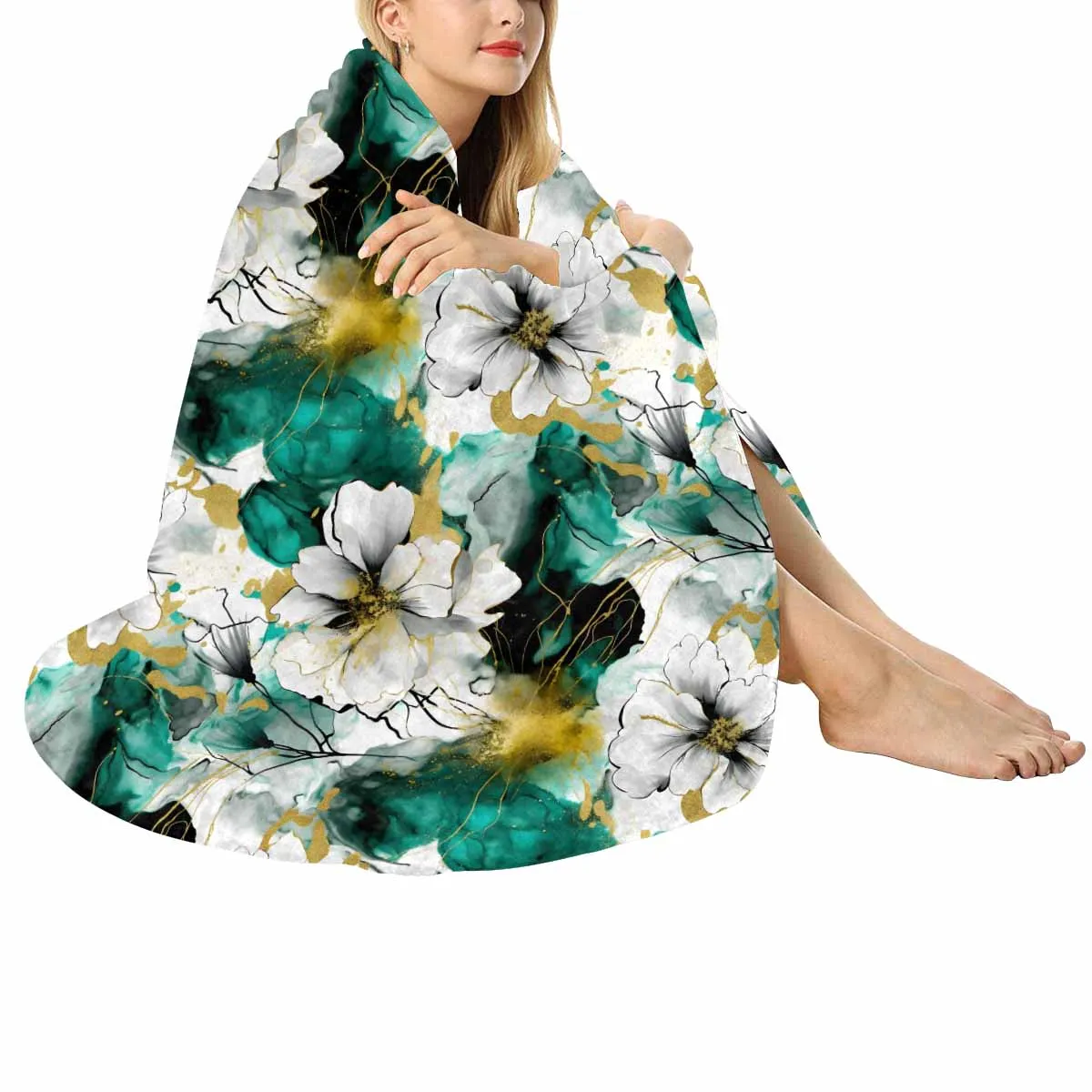 Green and White Ink Floral  Circular Micro Fleece Blanket 60"