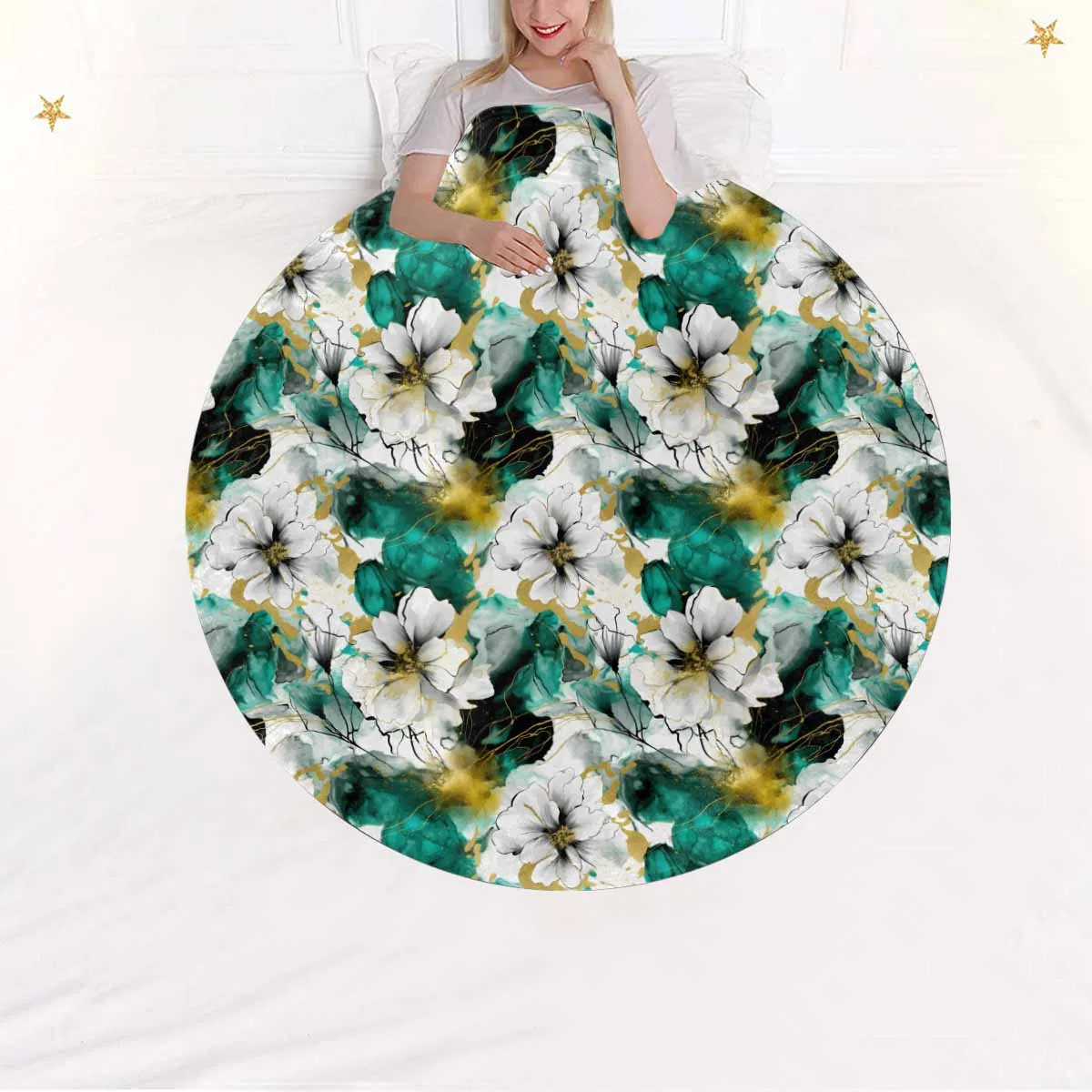 Green and White Ink Floral  Circular Micro Fleece Blanket 60"