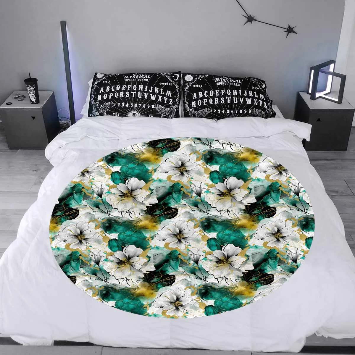 Green and White Ink Floral  Circular Micro Fleece Blanket 60"