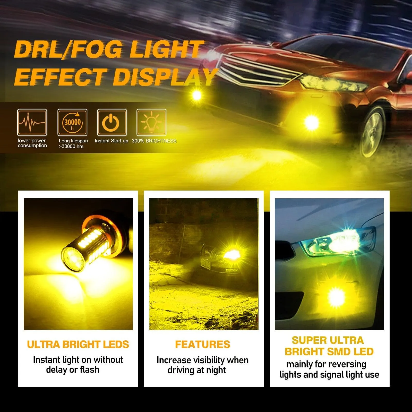 H11 H9 H8 H16JP LED Fog Light/DRL Bulbs 50W 4000LM 3000K Golden Yellow 33LED Series | 2 Bulbs