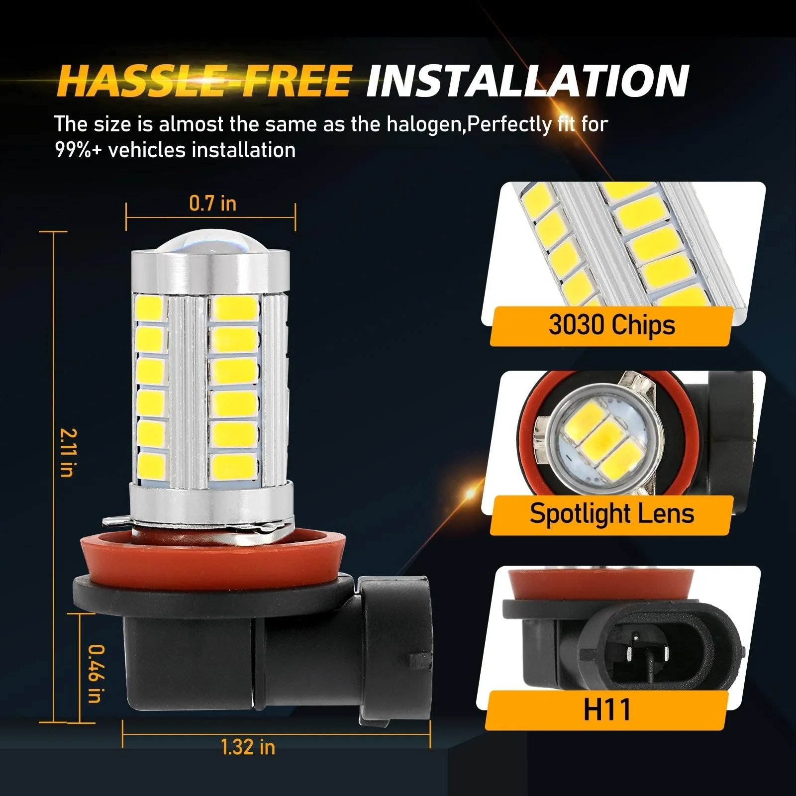 H11 H9 H8 H16JP LED Fog Light/DRL Bulbs 50W 4000LM 3000K Golden Yellow 33LED Series | 2 Bulbs