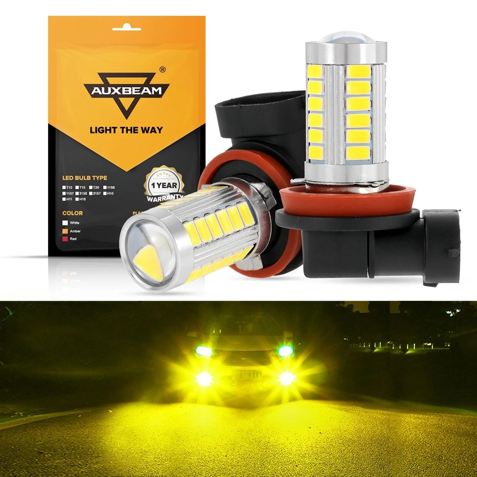 H11 H9 H8 H16JP LED Fog Light/DRL Bulbs 50W 4000LM 3000K Golden Yellow 33LED Series | 2 Bulbs