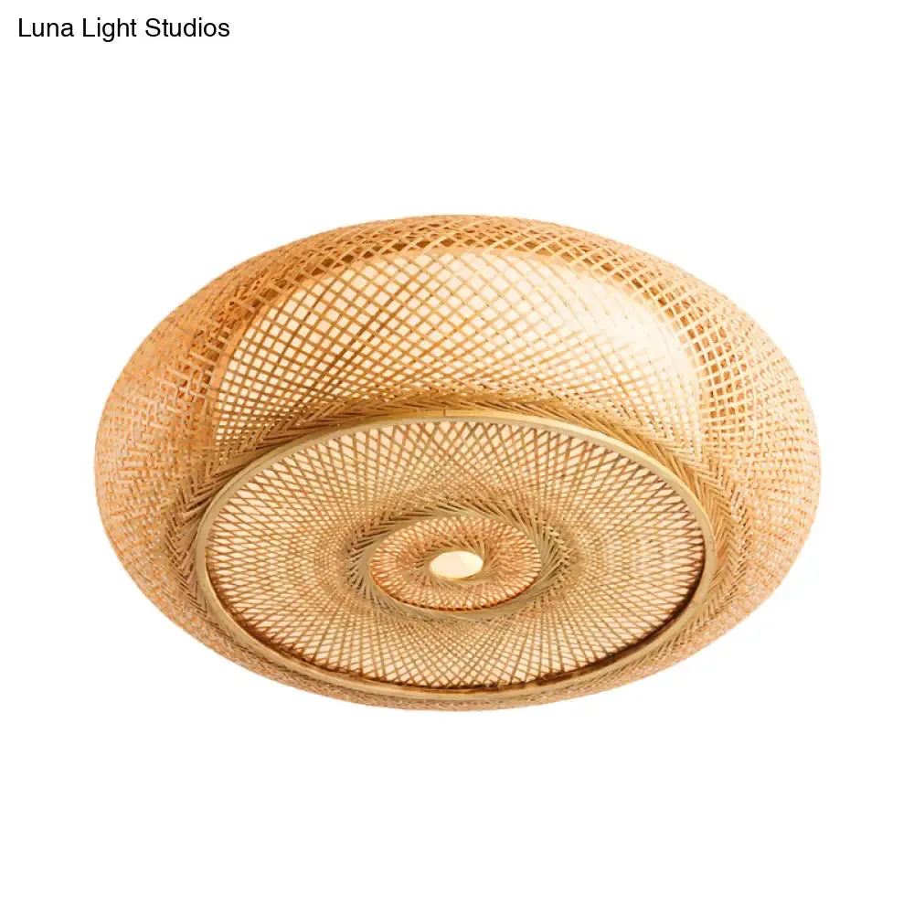 Handcrafted Bamboo Flush Mount Ceiling Light - 3-Light Beige Round Shade Fixture, 16"/19.5" Width