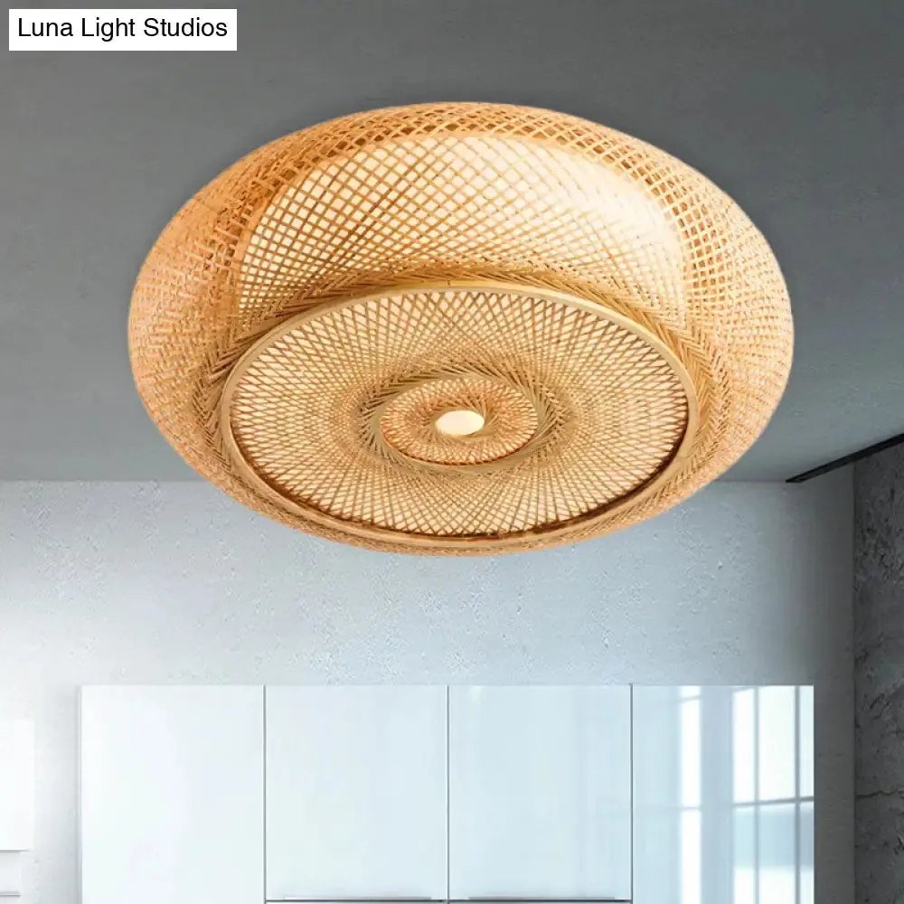 Handcrafted Bamboo Flush Mount Ceiling Light - 3-Light Beige Round Shade Fixture, 16"/19.5" Width