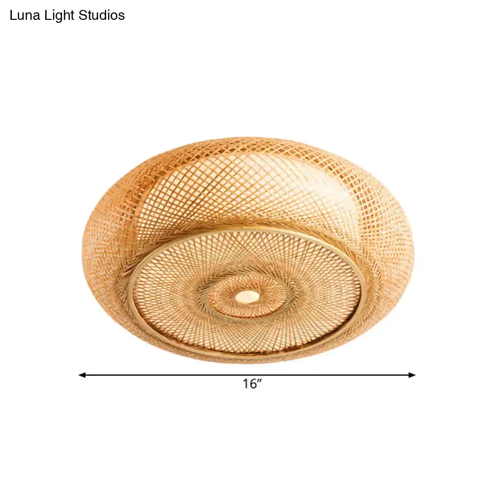 Handcrafted Bamboo Flush Mount Ceiling Light - 3-Light Beige Round Shade Fixture, 16"/19.5" Width