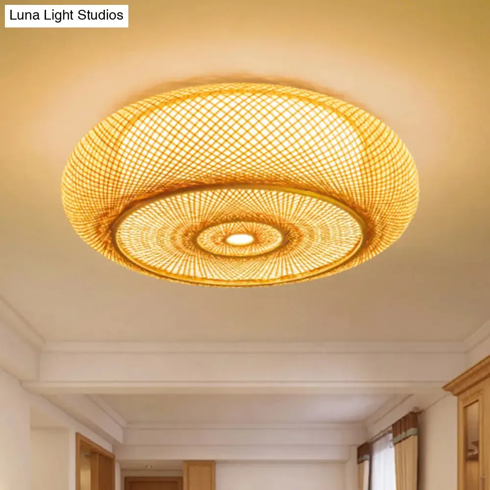 Handcrafted Bamboo Flush Mount Ceiling Light - 3-Light Beige Round Shade Fixture, 16"/19.5" Width