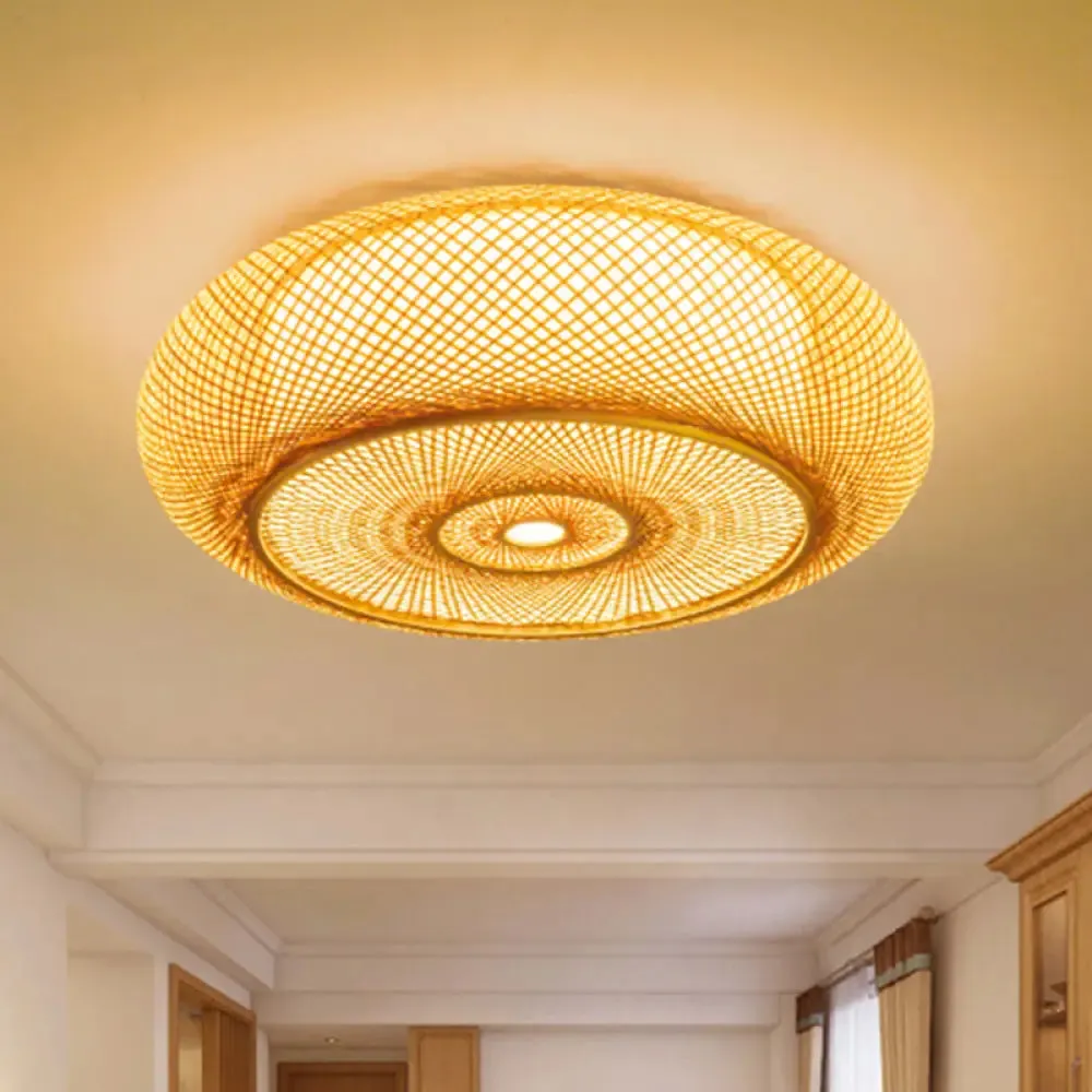 Handcrafted Bamboo Flush Mount Ceiling Light - 3-Light Beige Round Shade Fixture, 16"/19.5" Width