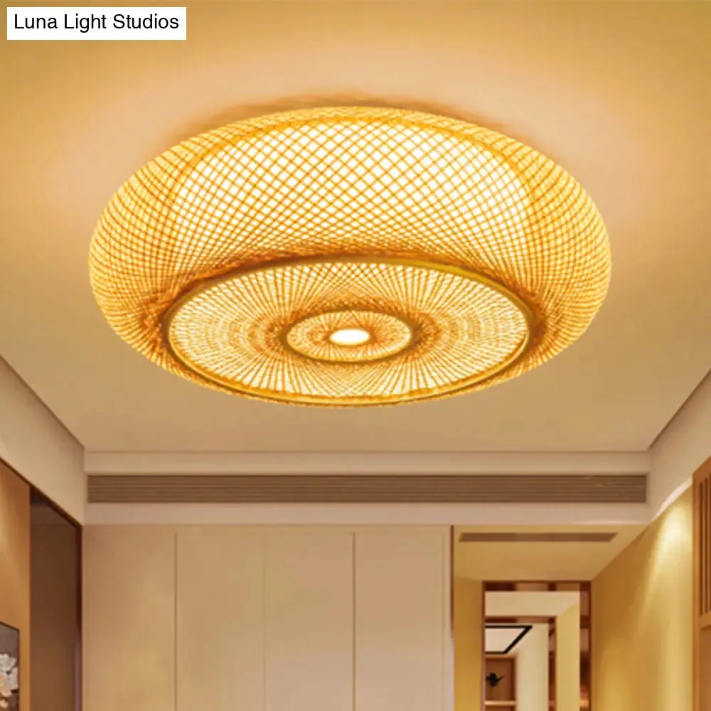 Handcrafted Bamboo Flush Mount Ceiling Light - 3-Light Beige Round Shade Fixture, 16"/19.5" Width