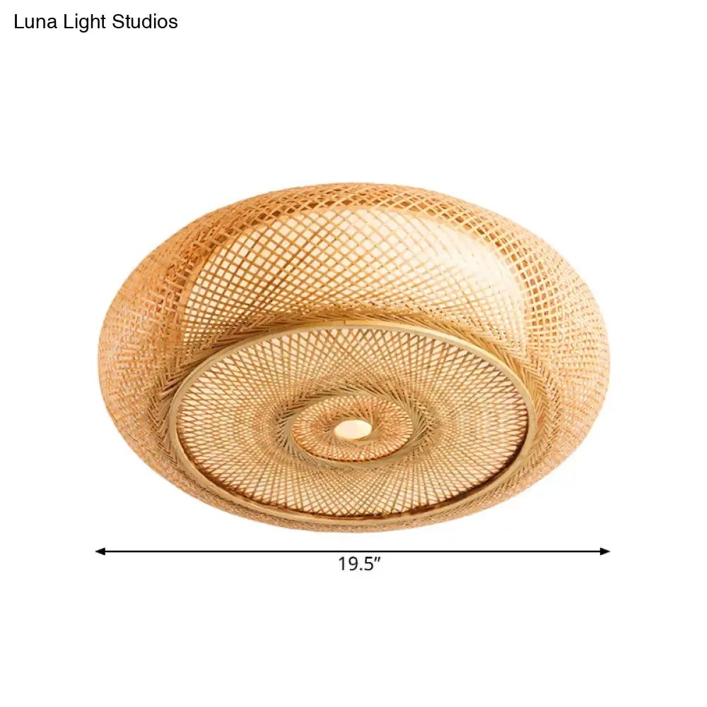 Handcrafted Bamboo Flush Mount Ceiling Light - 3-Light Beige Round Shade Fixture, 16"/19.5" Width