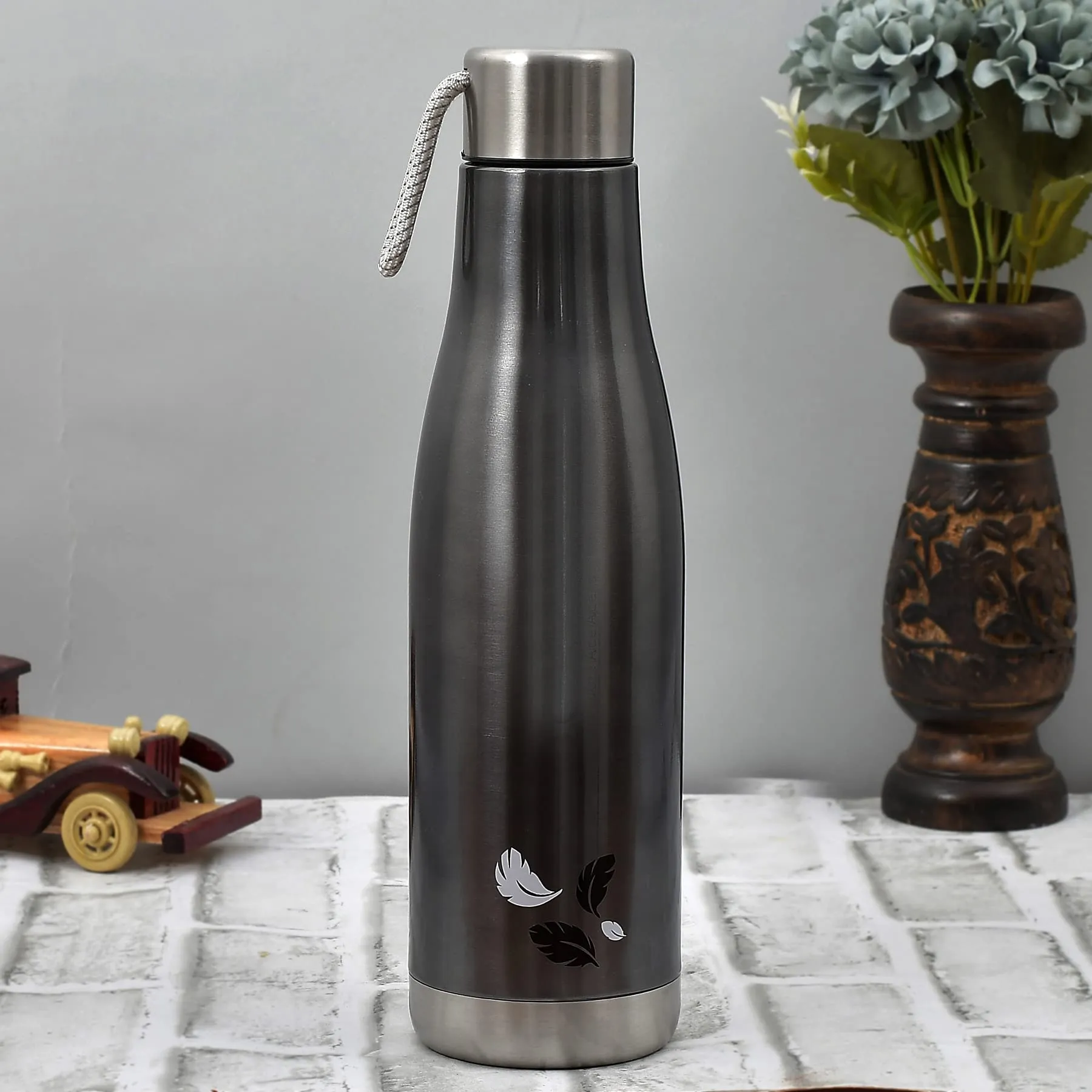 Heart Home Stainless Steel Hot and Cold Vacuum Flask with Carrying Strip, 1000ml (Dark Grey)-HS42KUBMART25169