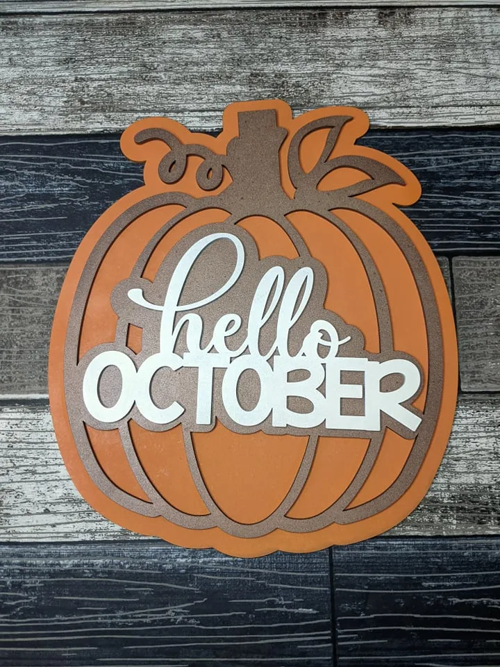 Hello October Pumpkin Porch Sign SVG Door Hanger Laser Ready File