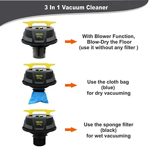 Inalsa Vacuum Cleaner Wet and Dry Micro WD10-1000W with 3in1 Multifunction Wet/Dry/Blowing| 14KPA Suction and Impact Resistant Polymer Tank,(Yellow/Black)