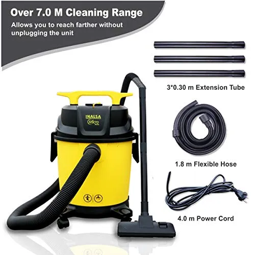 Inalsa Vacuum Cleaner Wet and Dry Micro WD10-1000W with 3in1 Multifunction Wet/Dry/Blowing| 14KPA Suction and Impact Resistant Polymer Tank,(Yellow/Black)