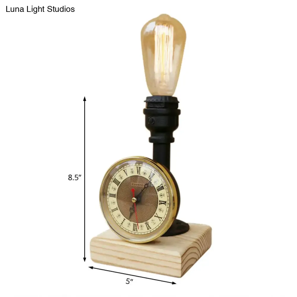 Industrial Metal Table Lamp with Clock and Wood Base - Black Finish