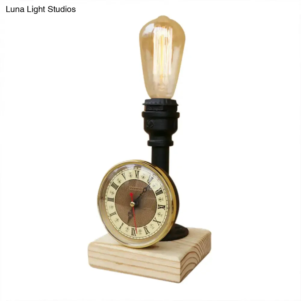 Industrial Metal Table Lamp with Clock and Wood Base - Black Finish