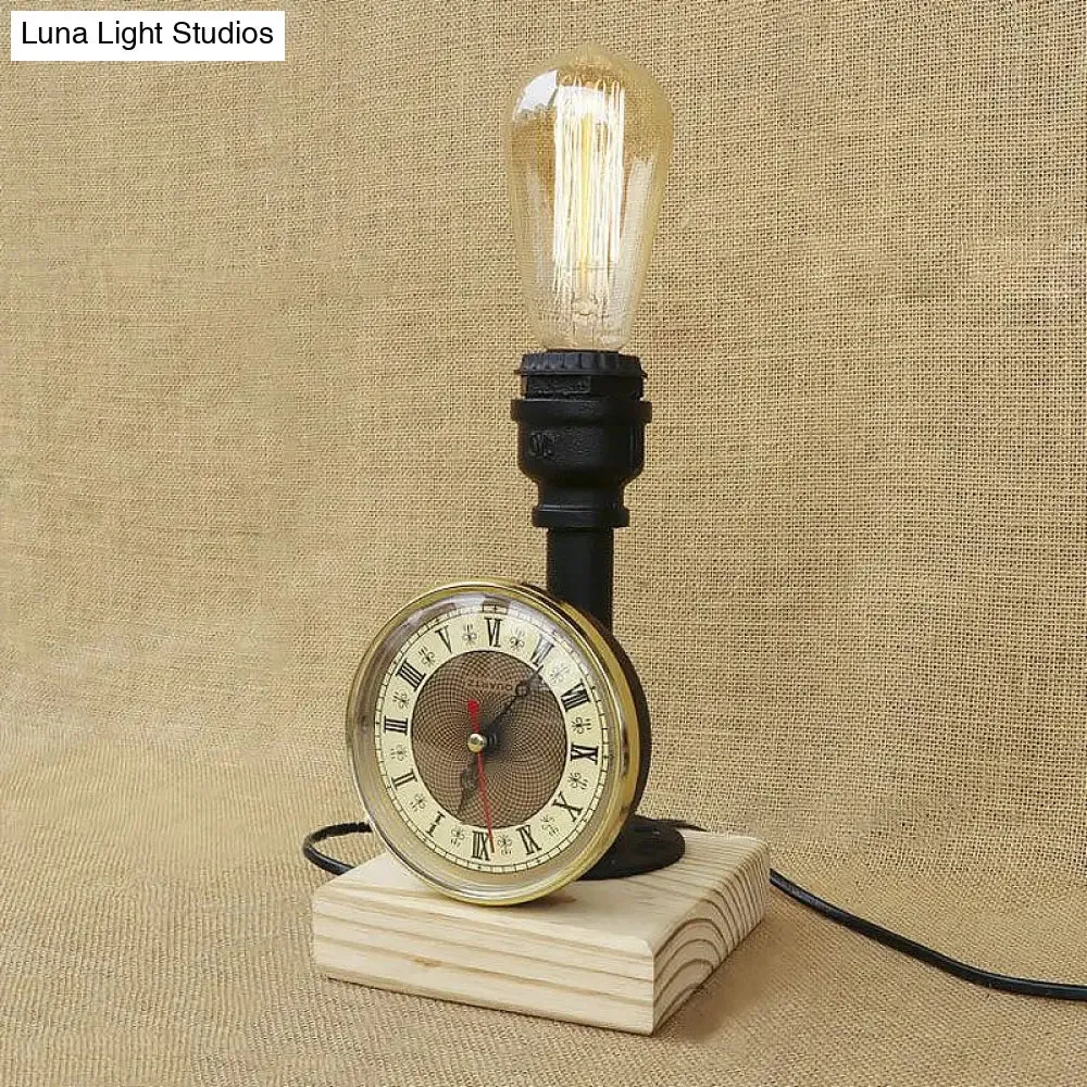 Industrial Metal Table Lamp with Clock and Wood Base - Black Finish