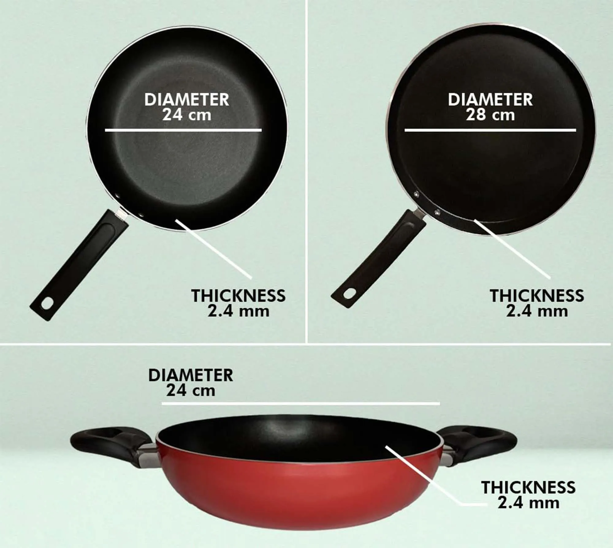 Kuber Industries 3 PCS Aluminium Cooking Set for Kitchen 24 cm Wok, 24 cm Fry Pan with Lid & 22 cm Tawa | Nonstick Induction Cookware Set | Kadhai, Frying Pan & Tawa Set | Black & Red