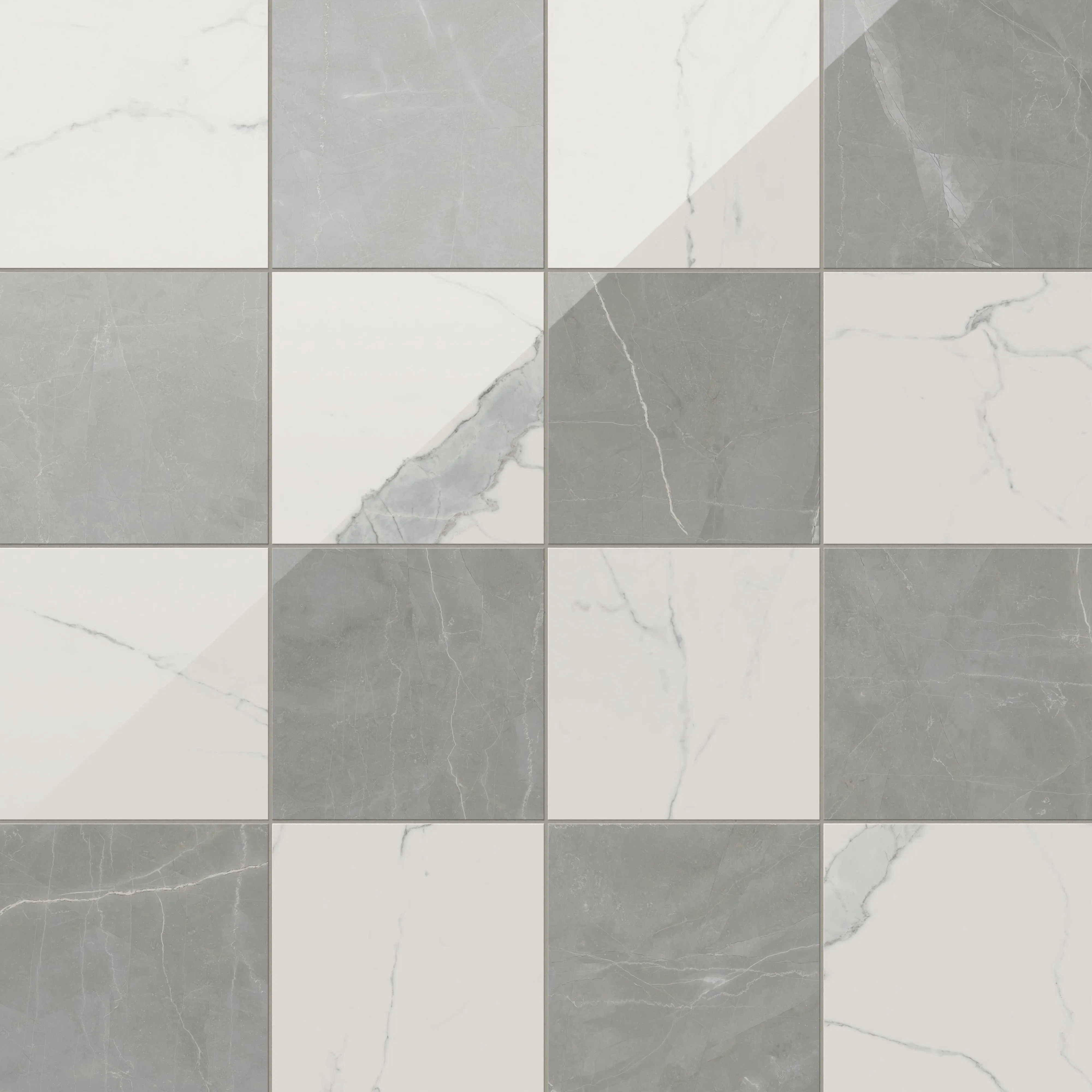 Leona 12x12 Checkerboard Polished Porcelain Tile in Calacatta and Amani Grey