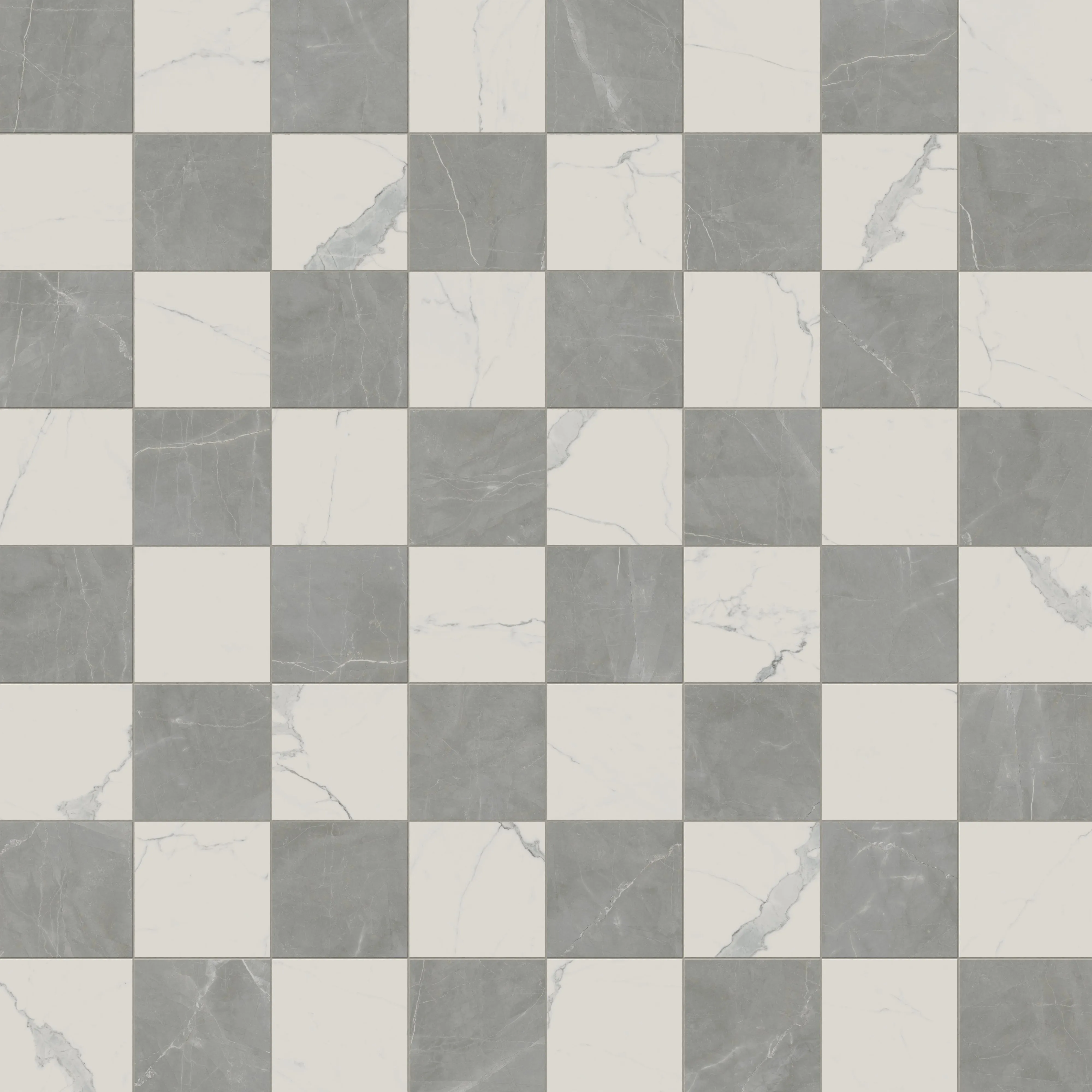 Leona 12x12 Checkerboard Polished Porcelain Tile in Calacatta and Amani Grey