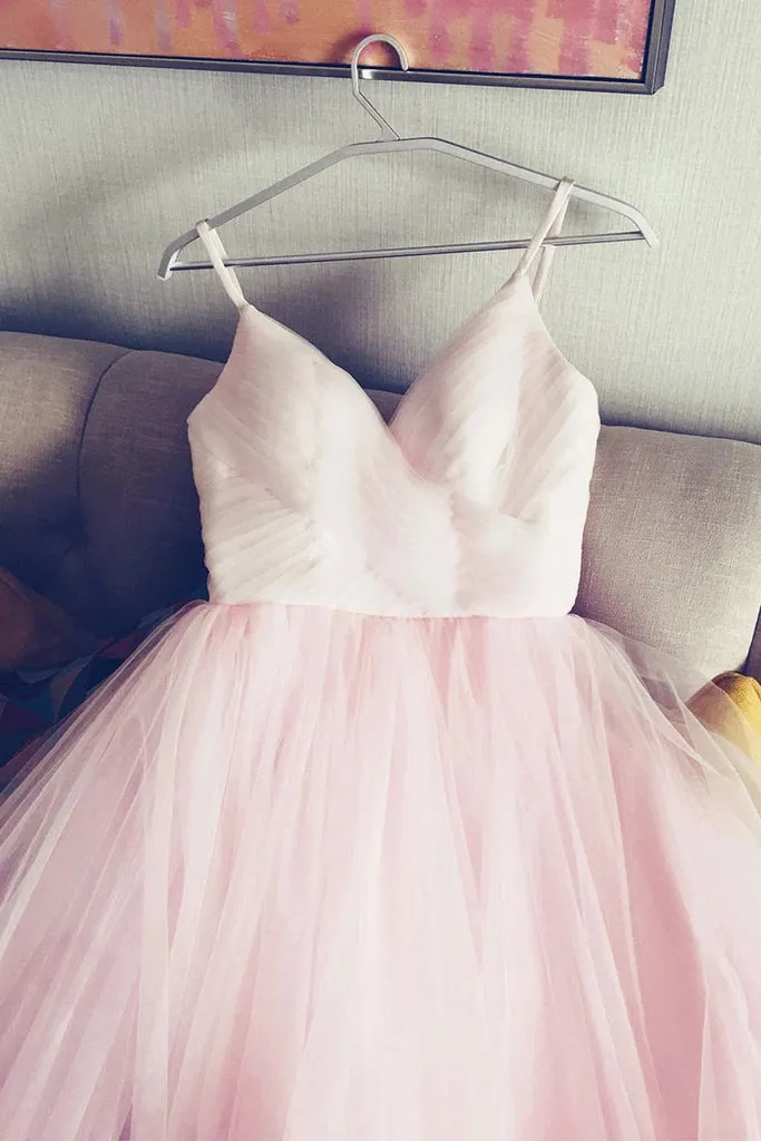 Light Pink Spaghetti Straps Tulle Long Prom Formal Dress, Puffy Party Dress UQP0044