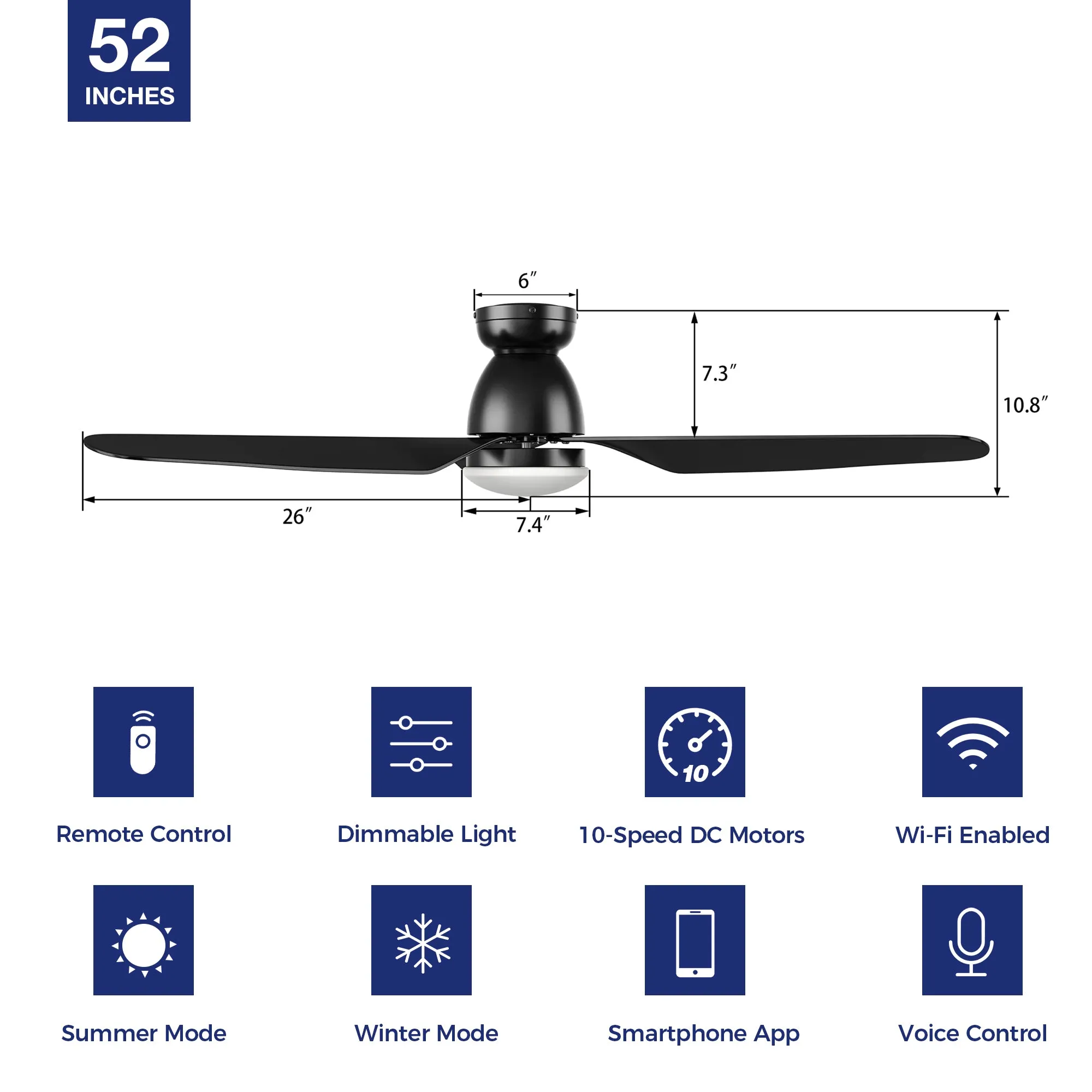 Macon Flush Mount Smart Ceiling Fan with LED Light and remote 52 inch