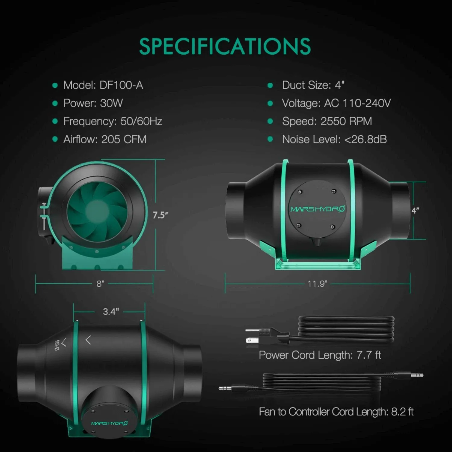 Mars Hydro 4" Inline Duct Fan with Temperature and Humidity Controller