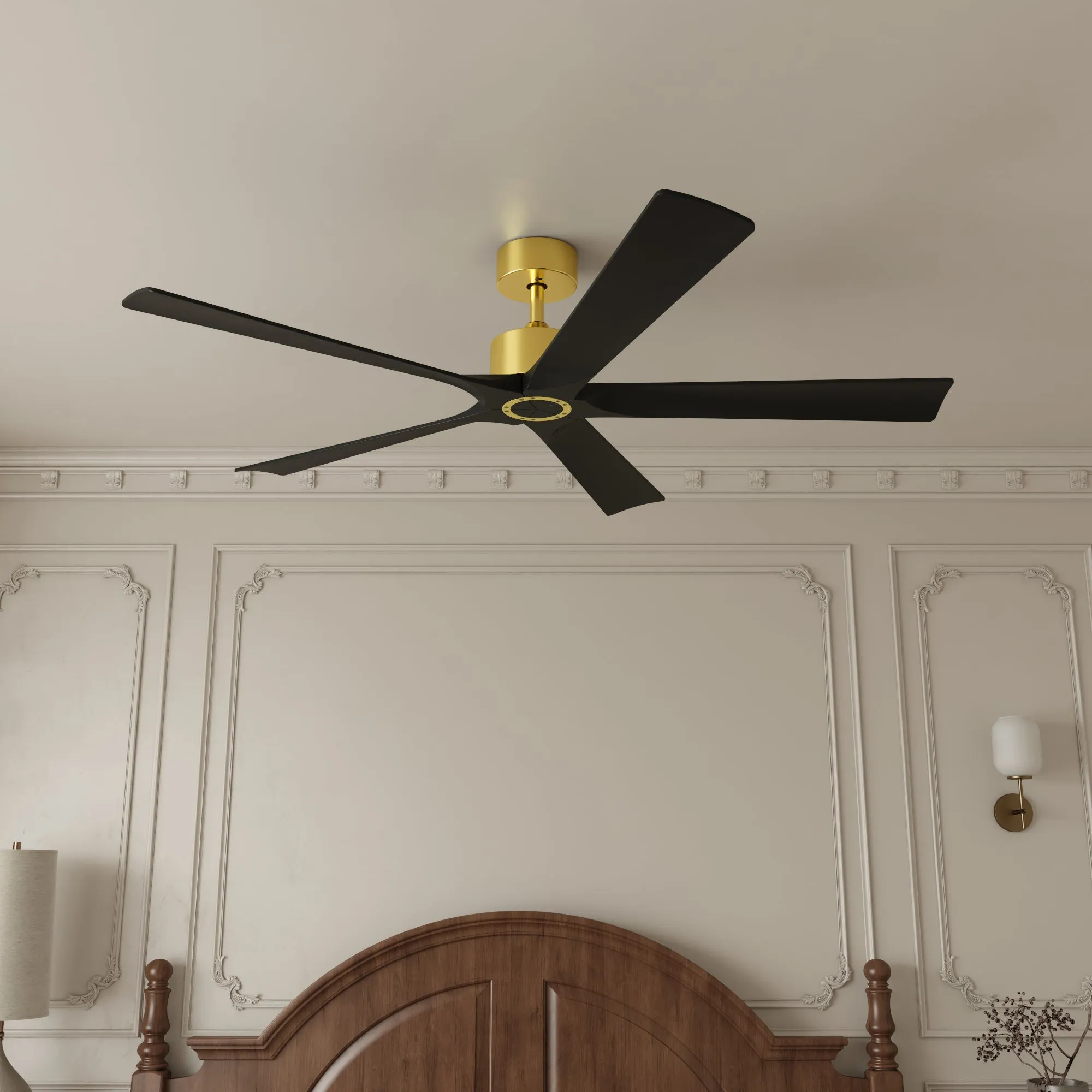 Matte Black Ceiling Fan with Wood Blades and Timer Function